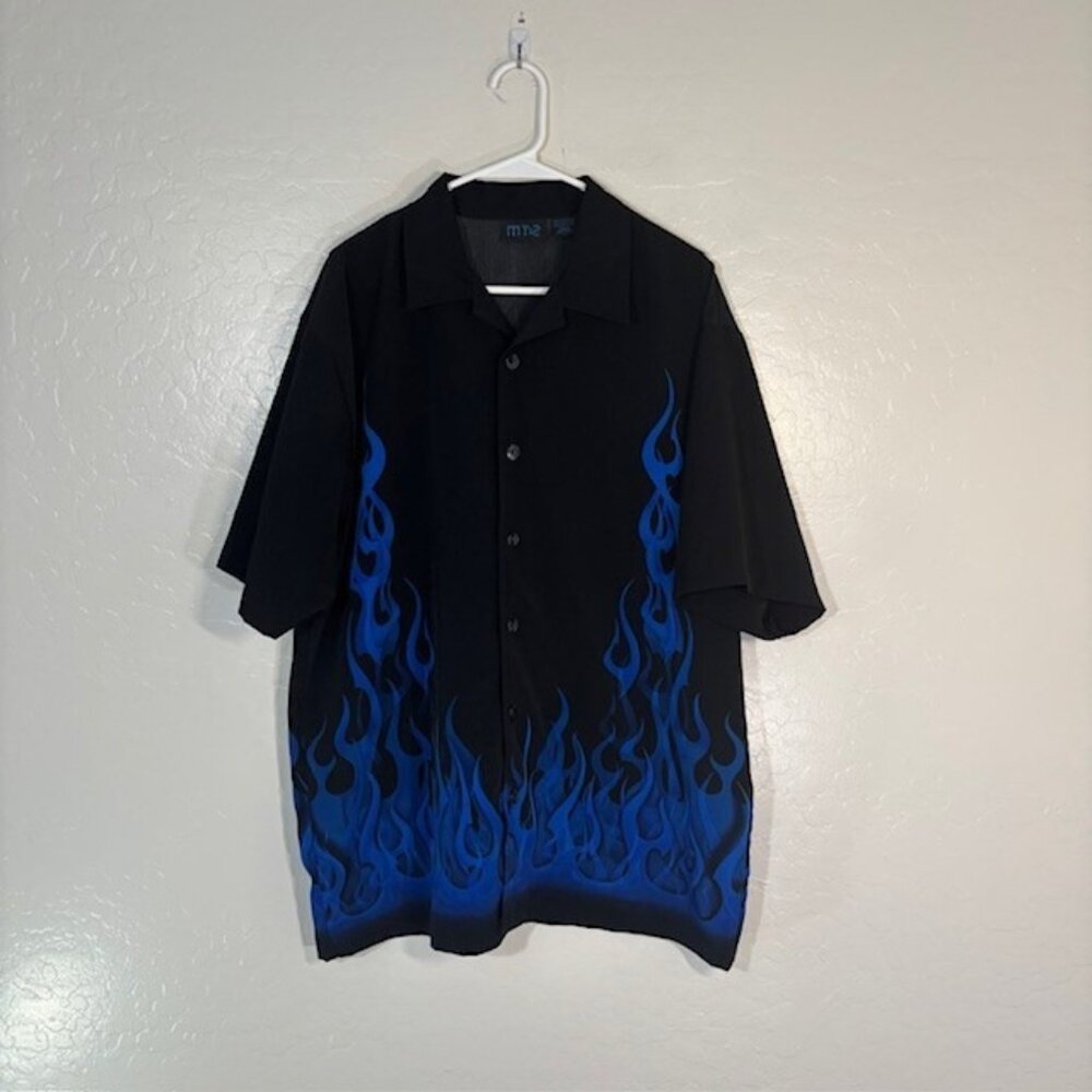 MT2 Vintage Shirt Mens Large Button Short Sleeve Black Blue Flame Camp Rocker